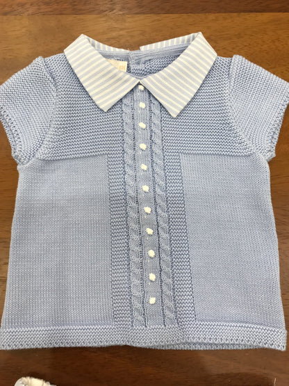 Completo PCS in filo celeste due pezzi mezza manica colletto a righe con pois ricamati sul davanti culotte a righe abbinata