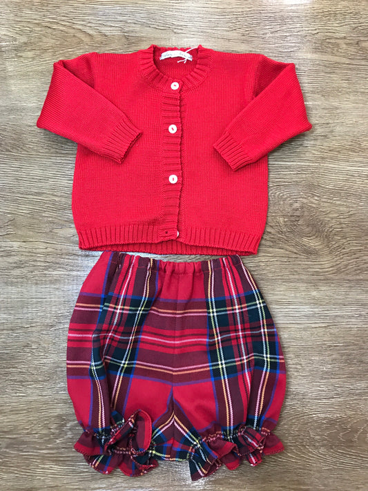 Completo Delizia Baby cardigan rosso con bottoncini e pantalone scozzese a sbuffo