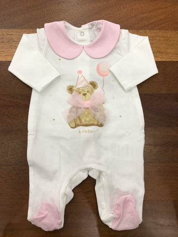 Tutina Le Bebè in cotone intera con piedini manica lunga con collo tondo rosa con orsetto sul davanti