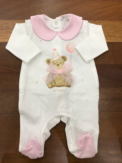 Tutina Le Bebè in cotone intera con piedini manica lunga con collo tondo rosa con orsetto sul davanti