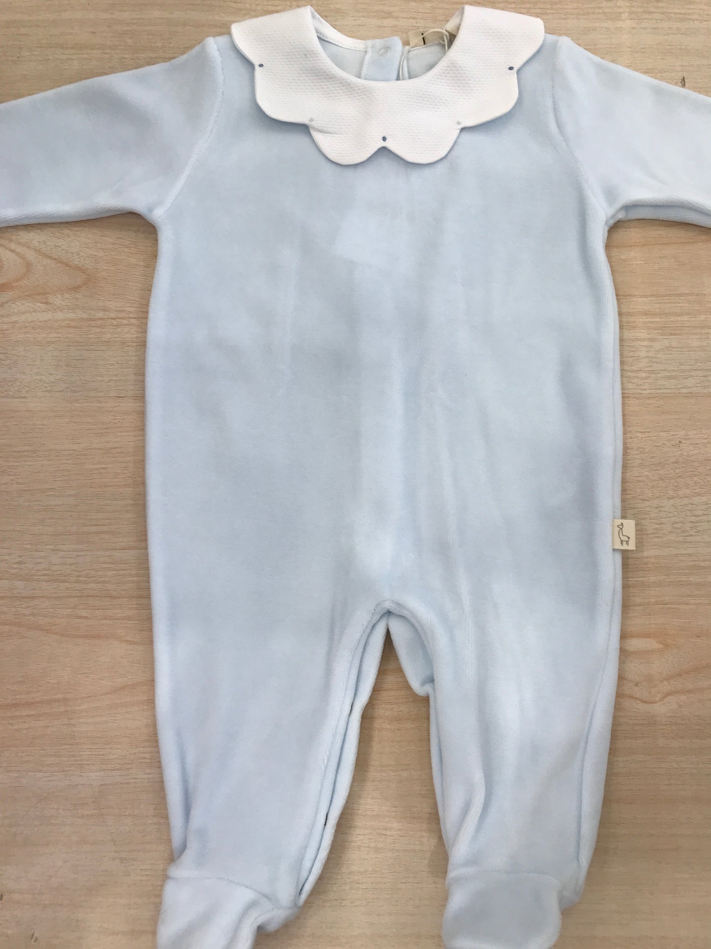 Tutina Baby Gi in ciniglia intera con collo smerlato bianco e pois