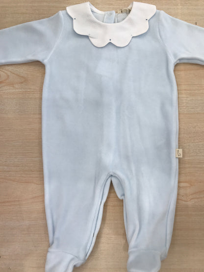 Tutina Baby Gi in ciniglia intera con collo smerlato bianco e pois