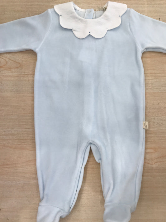 Tutina Baby Gi in ciniglia intera con collo smerlato bianco e pois