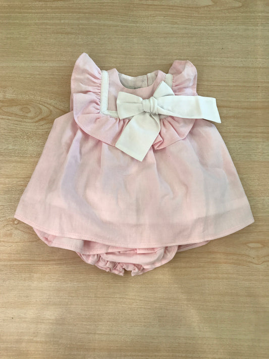 Completo Fofettes in cotone rosa abitino con rusche smanicato con collo marinaretto e fiocco laterale con culotte