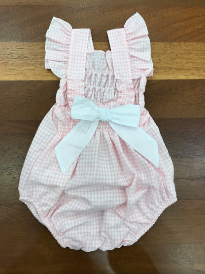 Pagliaccetto Baby Gi in cotone fantasia a quadretti con spalline con rusche con fiocco sul retro