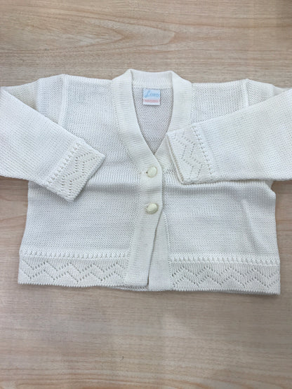 Cardigan Baby Lord in filo panna con due piccoli bottoncini e lavorato a zig zag