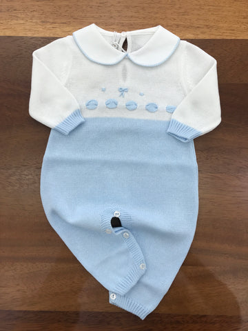 Tutina Baby Lord in filo manica lunga celeste e bianca con passanastro e fiocchetto cielo ricamato