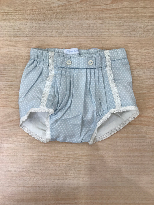 Culotte Laranjinha in cotone celeste con pois bianchi smerlata con san gallo sul davanti interno bianco
