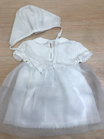 Abito Baby Lord in filo con organza con corpetto lavorato da roselline con cuffietta abbinata