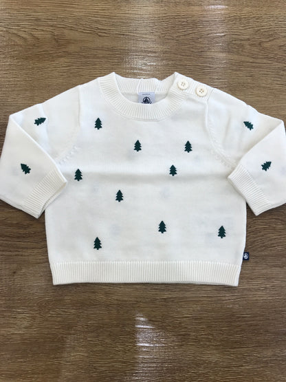 Maglioncino Petit Bateau color panna con piccoli alberelli verdi ricamati con due bottoncini laterali