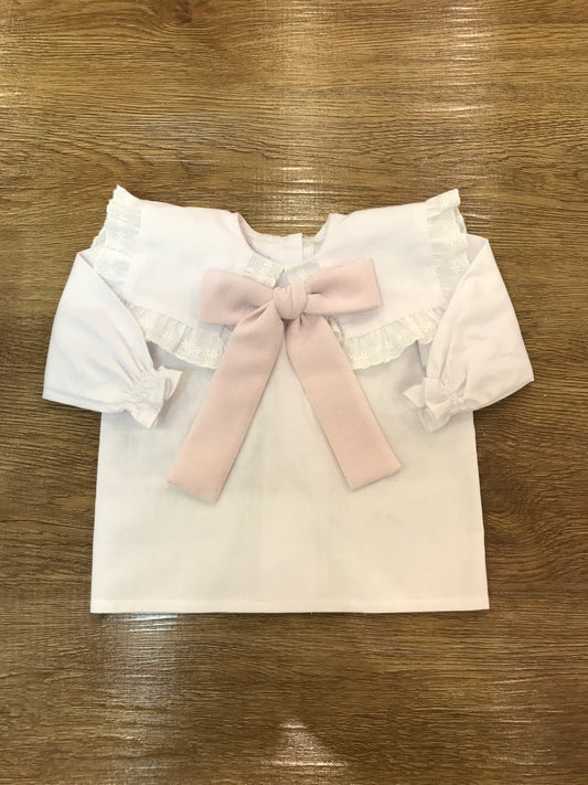 Camicia Fofettes bianca manica lunga con collo con rusche e fiocco in velluto rosa