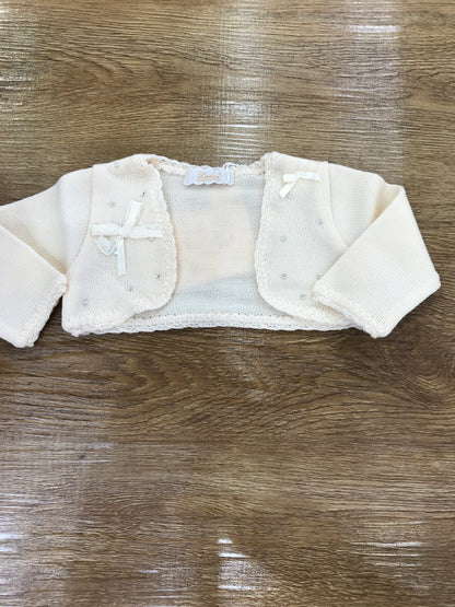 Cardigan Ladia in lana panna con applicazione di brillantini e fiocchetti