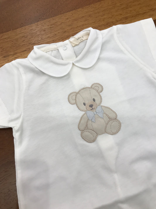 Pagliaccetto Baby Gi in cotone panna corto mezza manica con collo tondo con orsetto centrale sul davanti con fiocchetto