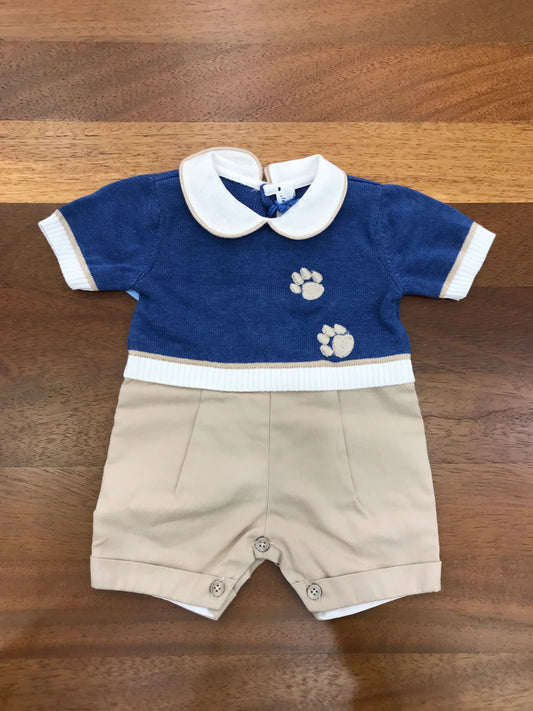 Pagliaccetto Colori Chiari in filo e cotone blu e beige mezza manica collo tondo bianco con zampe di cani ricamate sul davanti