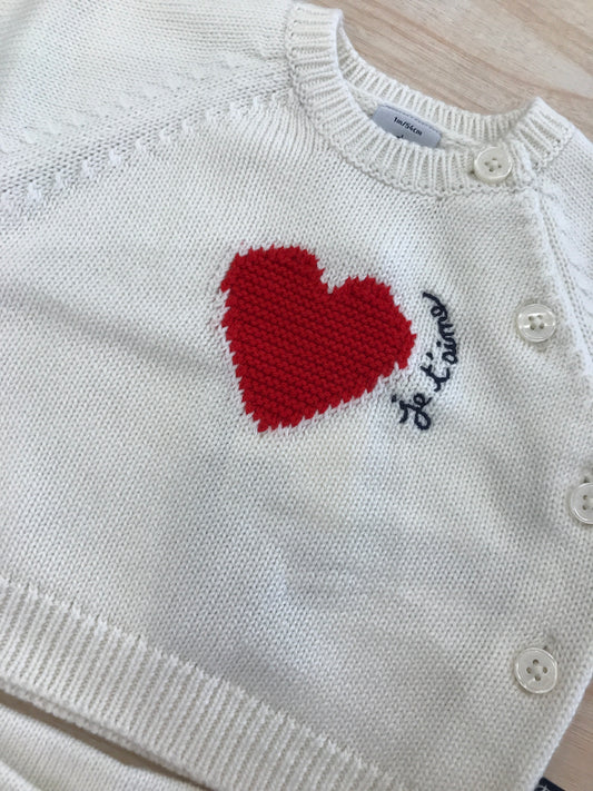 Completo Petit Bateau in lana due pezzi panna con cuore ricamato in rosso