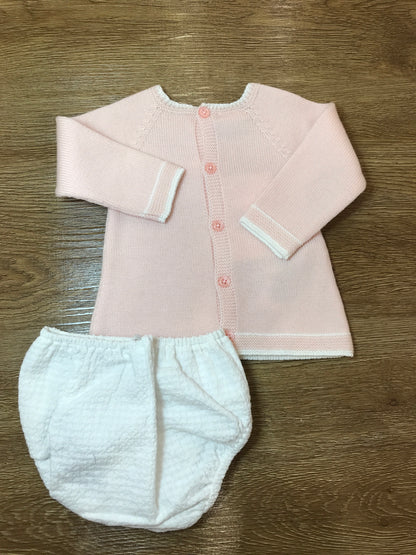 Completo Paz Rodriguez in lana due pezzi rosa con pizzo sul davanti e culotte coordinata