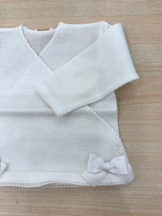 Cardigan Baby Lord in filo bianco ad incrocio con fiocchetti