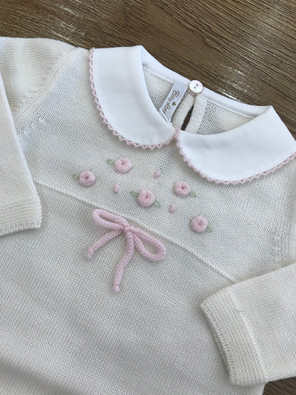 Tutina Baby Lord in lana panna intera con roselline rosa e fiocchetto sul corpetto
