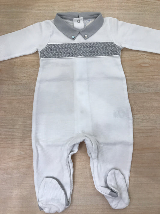 Tutina Laranjinha in cotone gamba lunga manica lunga con colletto grigio e punto smock sul davanti