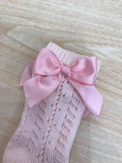 Calzino Story Loris in filo alto traforato rosa con fiocco