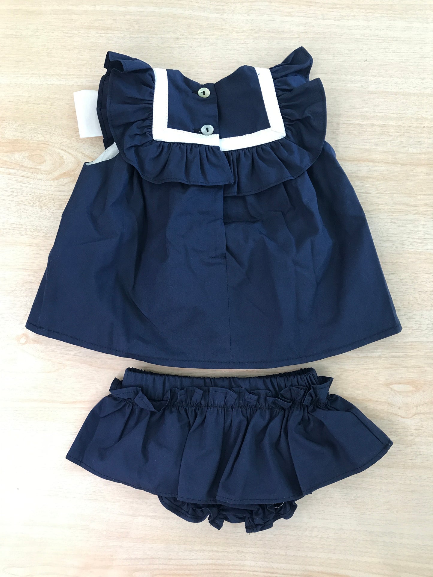Completo Fofettes in cotone blu abitino con rusche smanicato con collo marinaretto e fiocco laterale con culotte