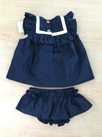 Completo Fofettes in cotone blu abitino con rusche smanicato con collo marinaretto e fiocco laterale con culotte