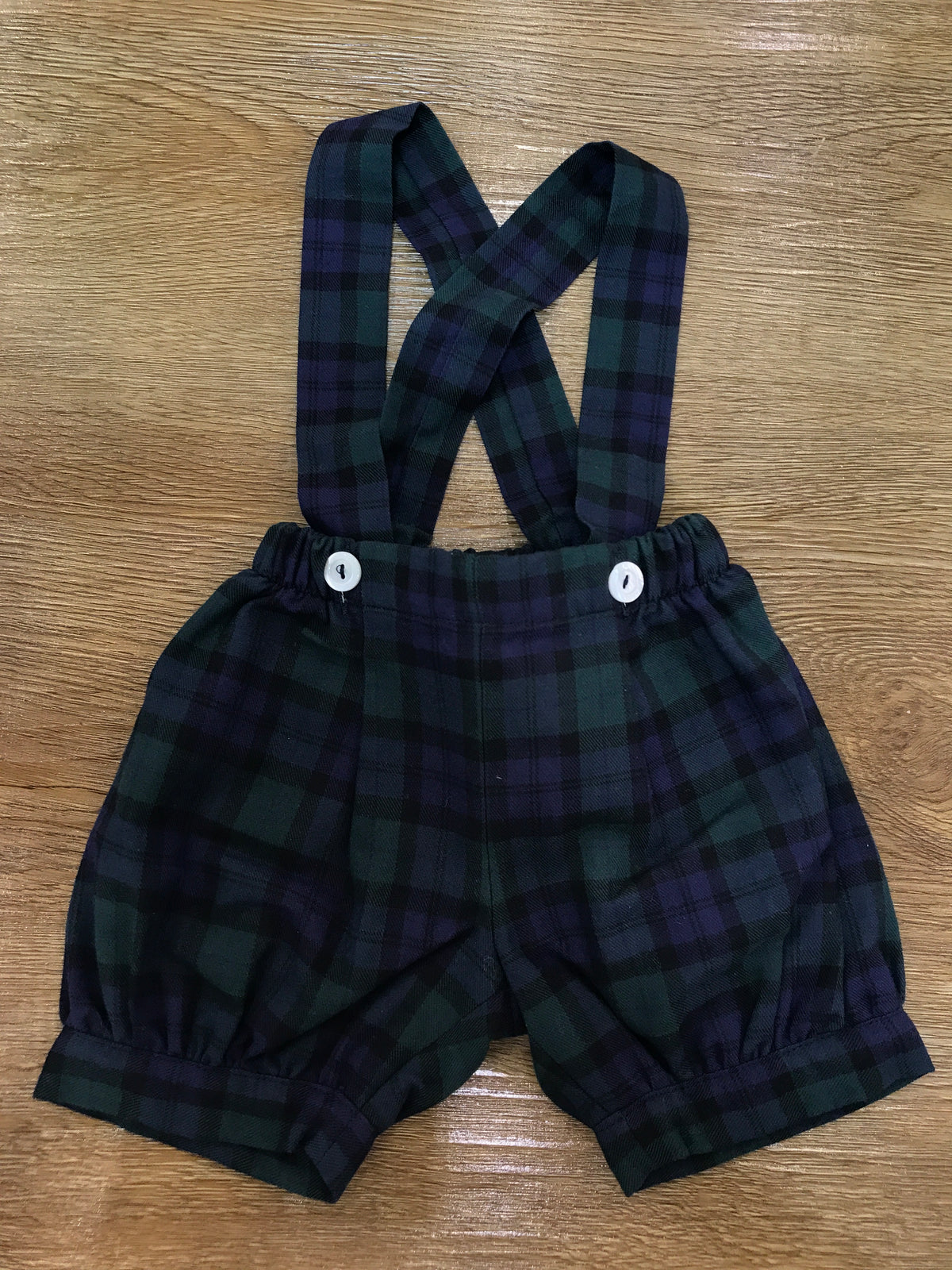 Pantalone Colibrì con bretelle a sbuffo scozzese nei toni del blu scuro e verde