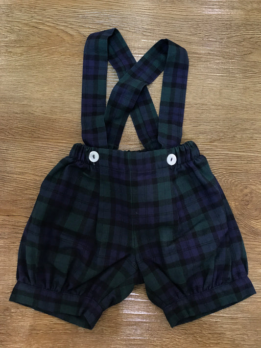 Pantalone Colibrì con bretelle a sbuffo scozzese nei toni del blu scuro e verde