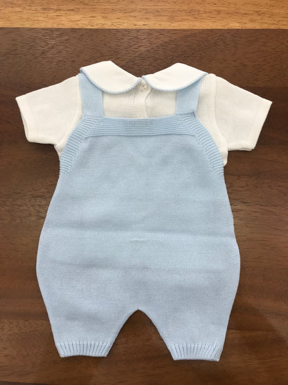 Salopette e Maglietta Baby Lord in filo celeste e bianco mezza manica con lavorazione di punto smock