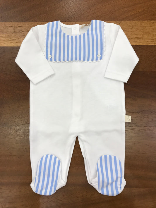 Tutina Baby Gi intera gamba lunga con piedini a righe bianchi e celesti manica lunga con collo finto bavettone a righe