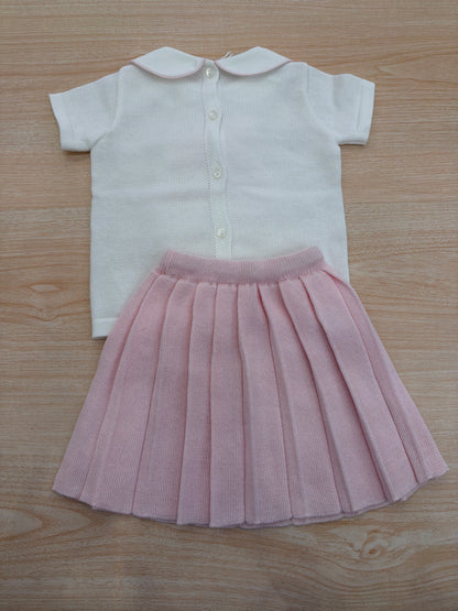Completo Baby Lord in filo bianco mezza manica con fiocco centrale con gonna rosa plissettata