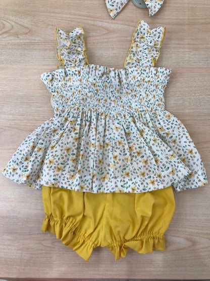 Completo Belan due pezzi casacca con bretelle a fiori con rusche sul corpetto con culotte abbinata