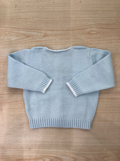 Cardigan Bebè di Almy in filo celeste rifinito in bianco con piccoli pois in rilievo