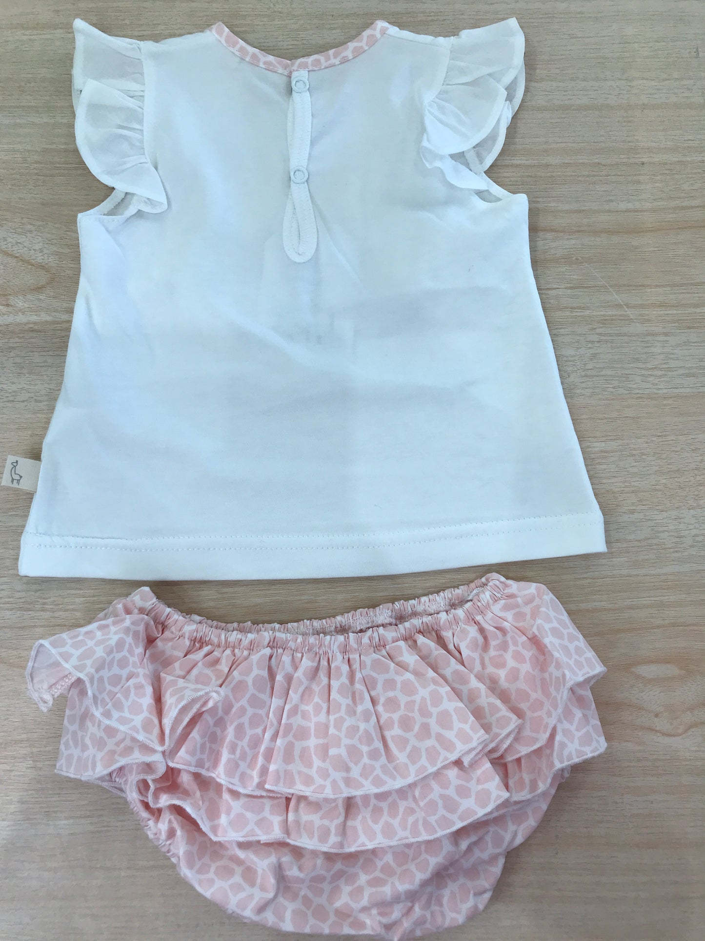 Completo Baby Gi in cotone t-shirt smanicata on rusche con pesciolino rosa e bianco con culotte con rusche