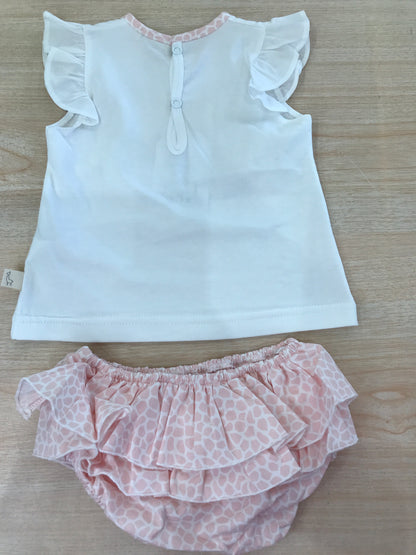 Completo Baby Gi in cotone t-shirt smanicata on rusche con pesciolino rosa e bianco con culotte con rusche