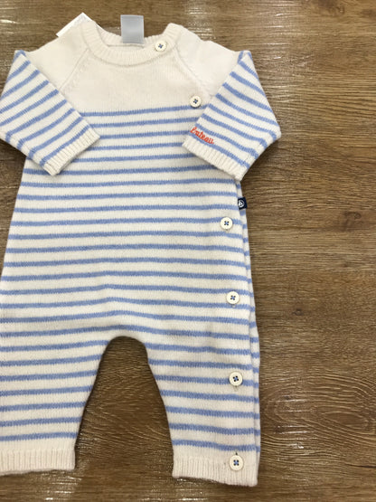 Tutina Petit Bateau intera panna con righe celesti e bottoni trasversali