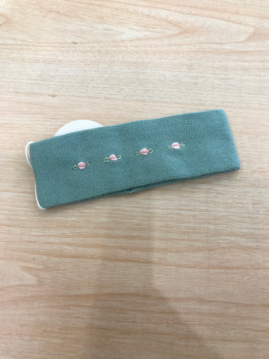 Fascia Baby Lord in filo verde con rose rosa ricamate in rilievo sul davanti