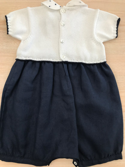 Pagliaccetto Colibrì in cotone blu scuro con corpetto in filo mezza manica bianco con colletto con pois blu