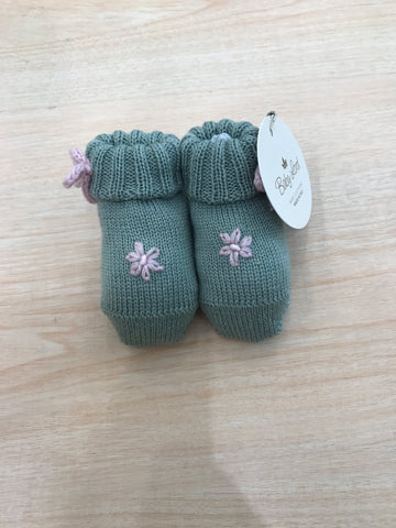 Babbucce Baby Lord in lana verde con margherite ricamate sul davanti