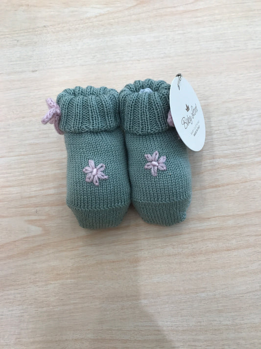 Babbucce Baby Lord in lana verde con margherite ricamate sul davanti