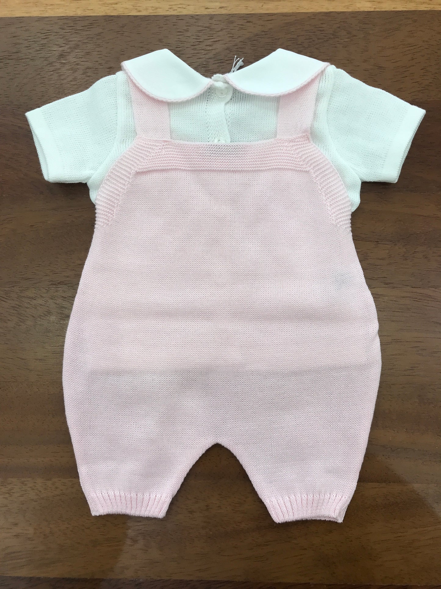 Salopette e Maglietta Baby Lord in filo rosa e bianco mezza manica con punto smock bianco
