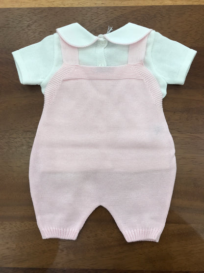 Salopette e Maglietta Baby Lord in filo rosa e bianco mezza manica con punto smock bianco