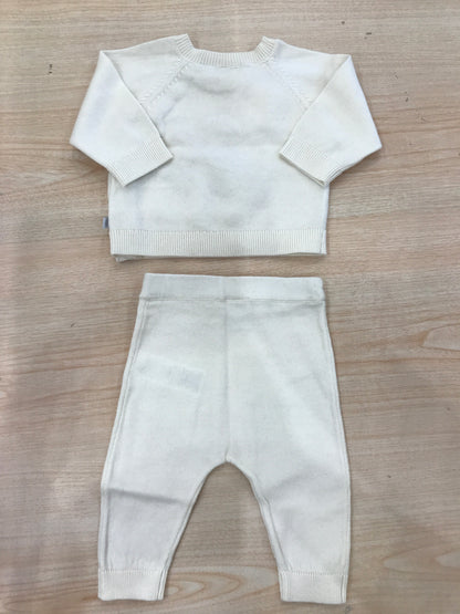 Tutina Petit Bateau in lana due pezzi panna con coniglietto beige ricamato al centro sul davanti