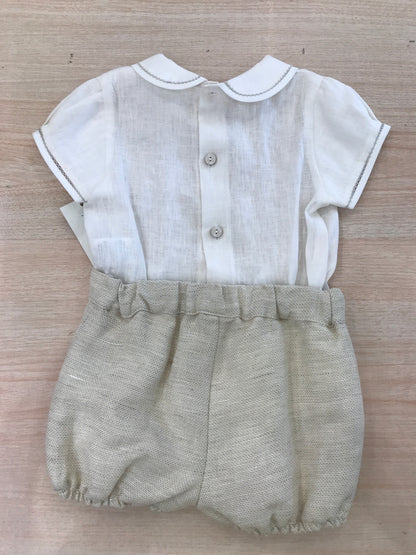 Completo Martin Aranda camicia mezza manica in lino con pieghe e pantalone corto tortora