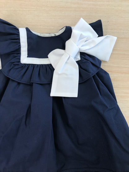 Completo Fofettes in cotone blu abitino con rusche smanicato con collo marinaretto e fiocco laterale con culotte