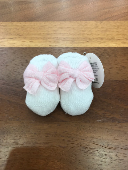 Babbucce Baby Lord in filo bianco con fiocco applicato in rosa sul davanti