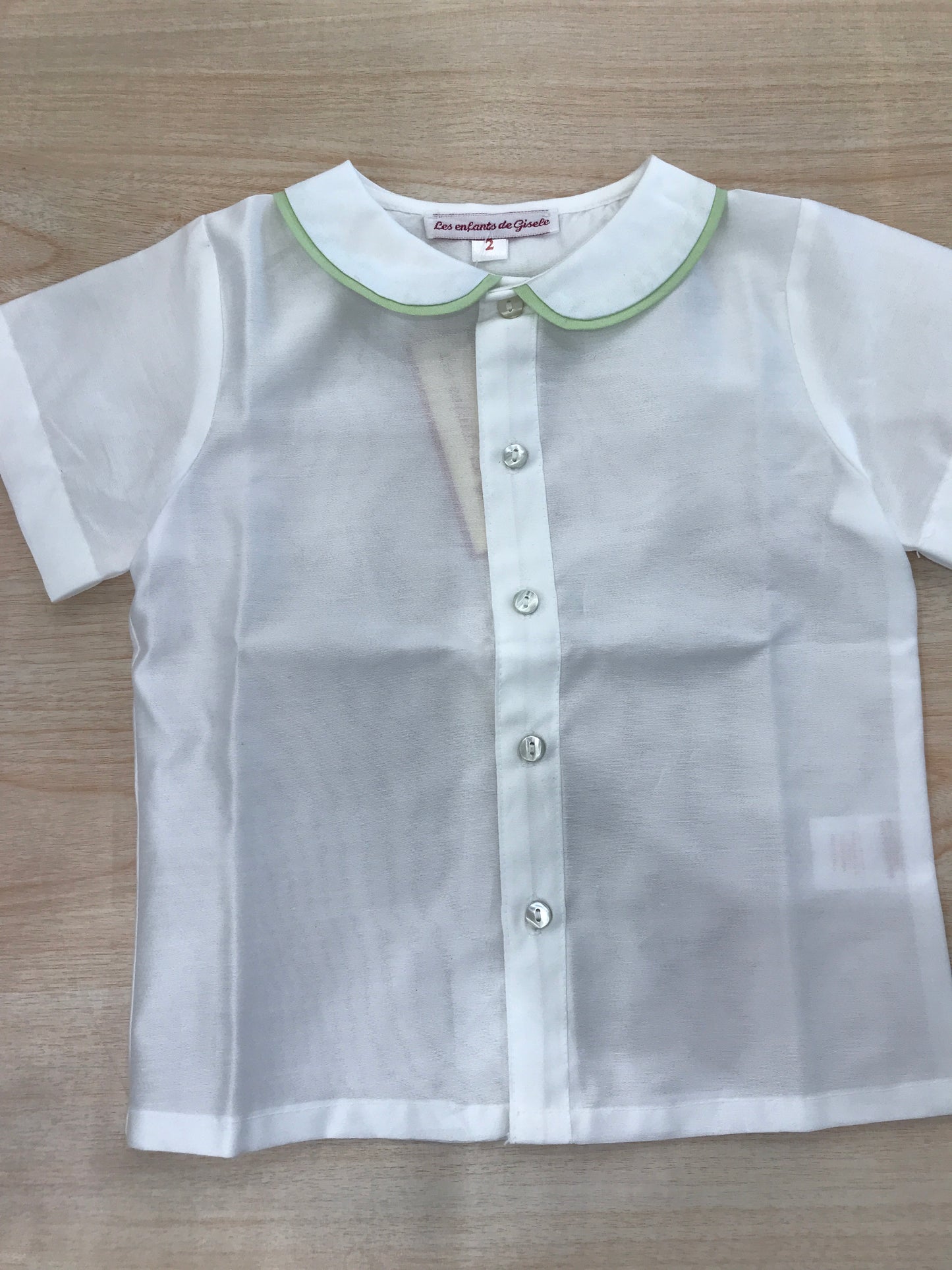 Camicia Les Enfants de Gisele mezza manica bianca con colletto tondo rifinito in verde mela