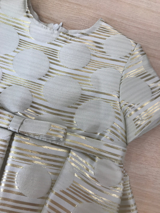 Abito Cielo Blu in cotone mezza manica dal tono dorato a righe con pois beige con fiocchetto in vita