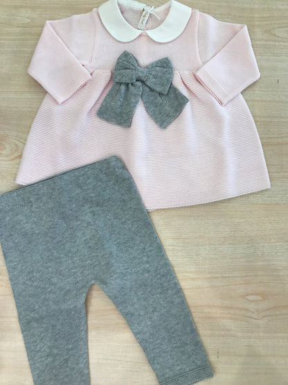 Tutina Baby Lord in filo duepezzi rosa e grigio con fiocco centrale in grigio