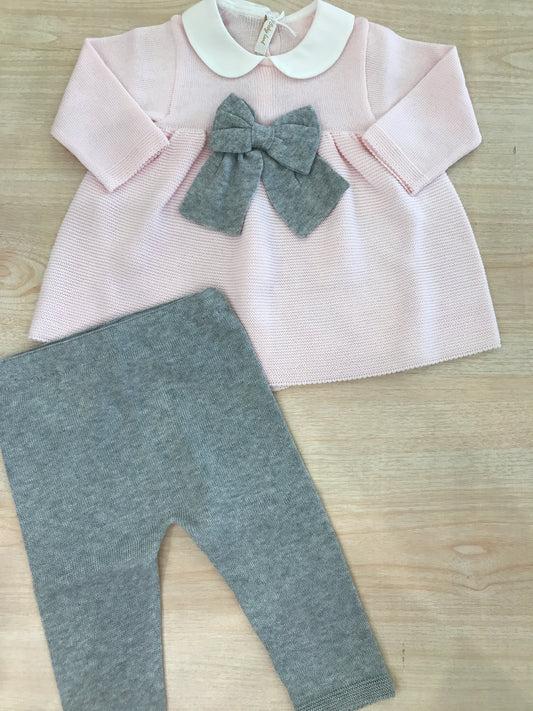 Tutina Baby Lord in filo duepezzi rosa e grigio con fiocco centrale in grigio